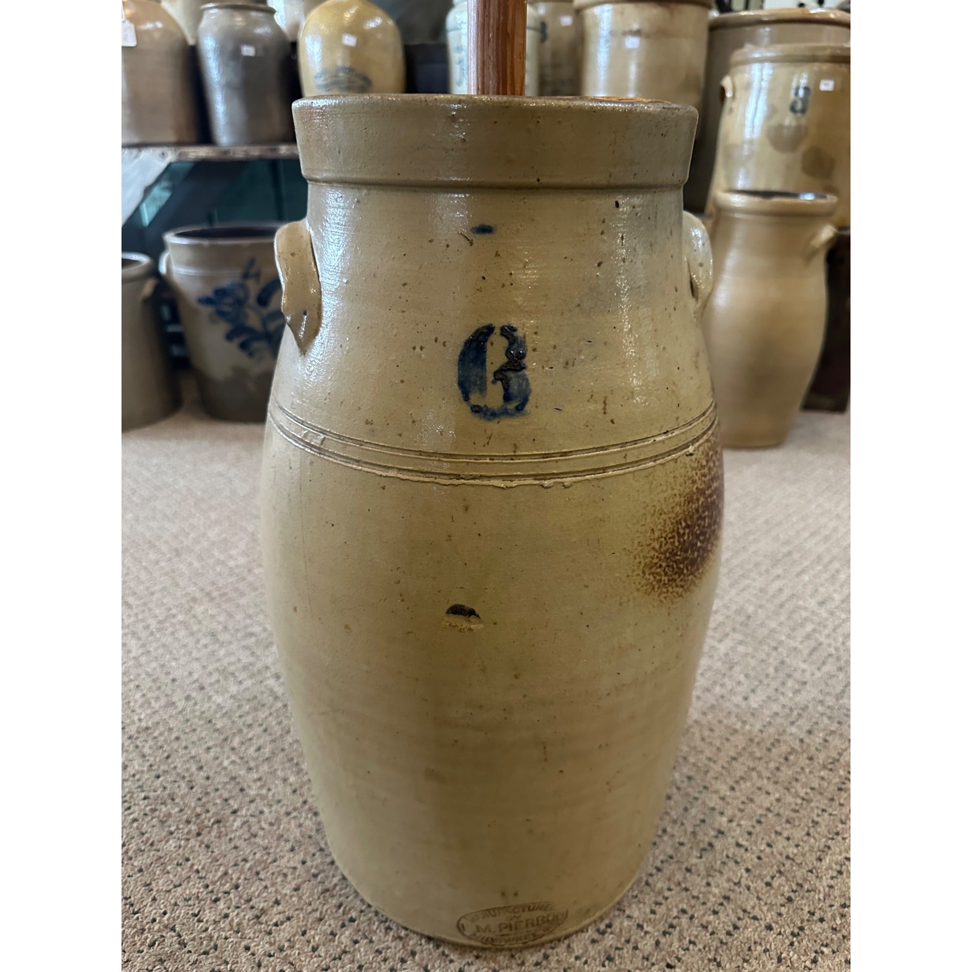 Antique L.M. Pierron Stoneware Salt Glaze 6 Gallon Butter Churn Crock Milwaukee