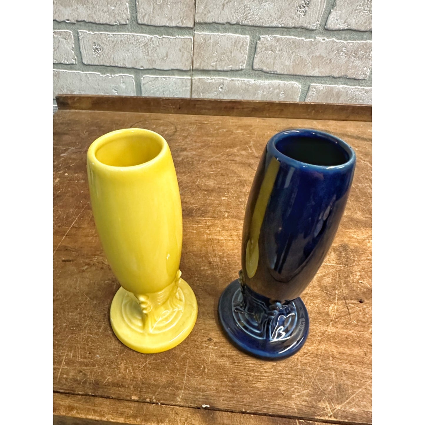 Vintage Fiesta 6" Bud Vase Yellow & Royal Blue Fiestaware 'H'  Lot (2)