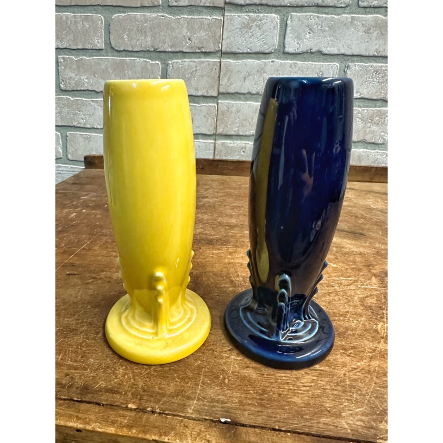 Vintage Fiesta 6" Bud Vase Yellow & Royal Blue Fiestaware 'H'  Lot (2)