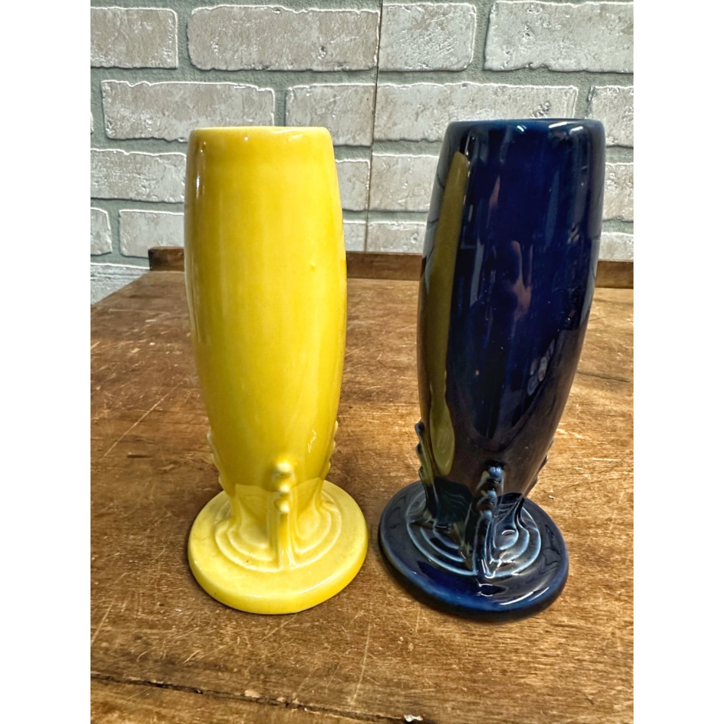 Vintage Fiesta 6" Bud Vase Yellow & Royal Blue Fiestaware 'H'  Lot (2)