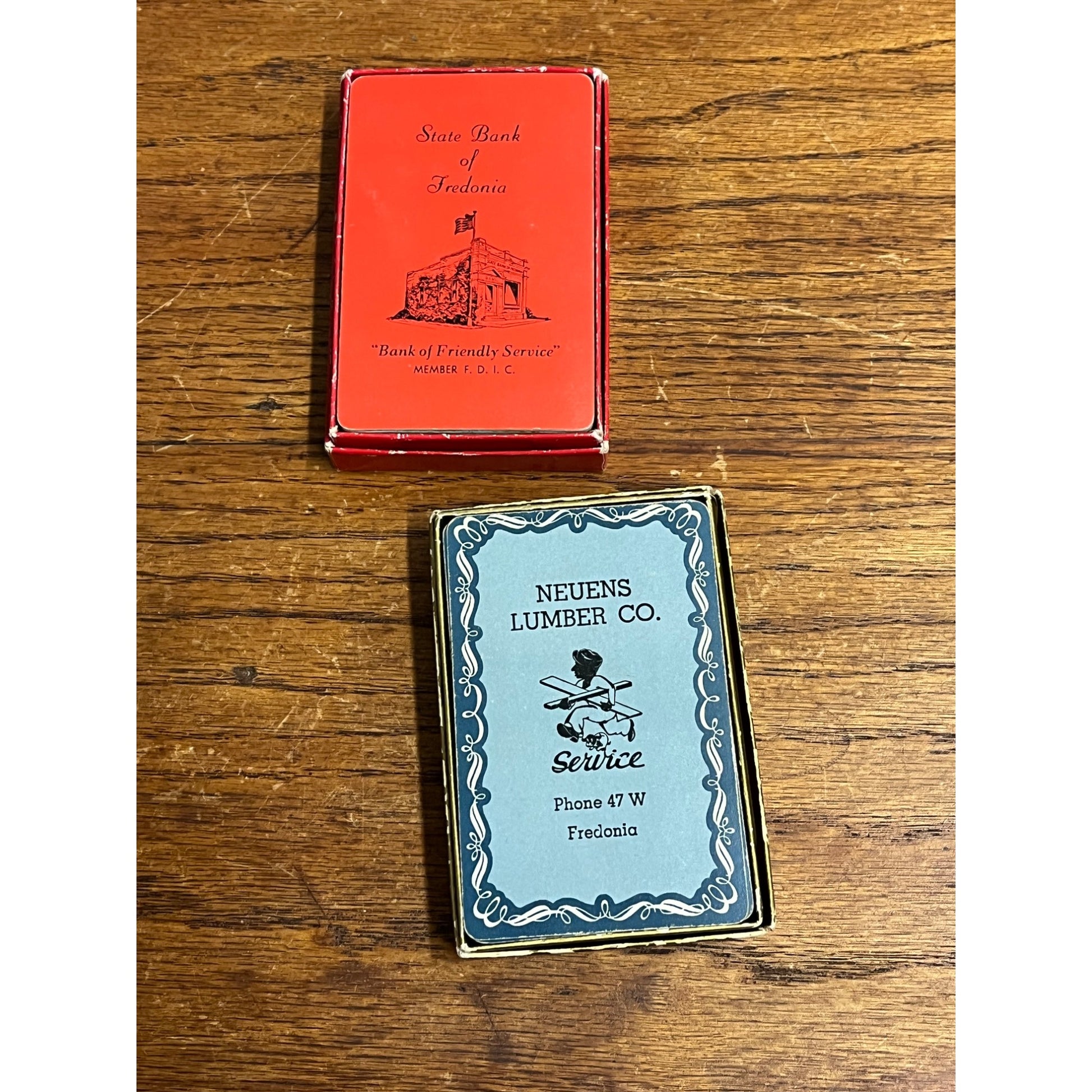 Vintage Lot (2) Fredonia Wisconsin Advertising Playing Cards Neuens Lumber, Bank