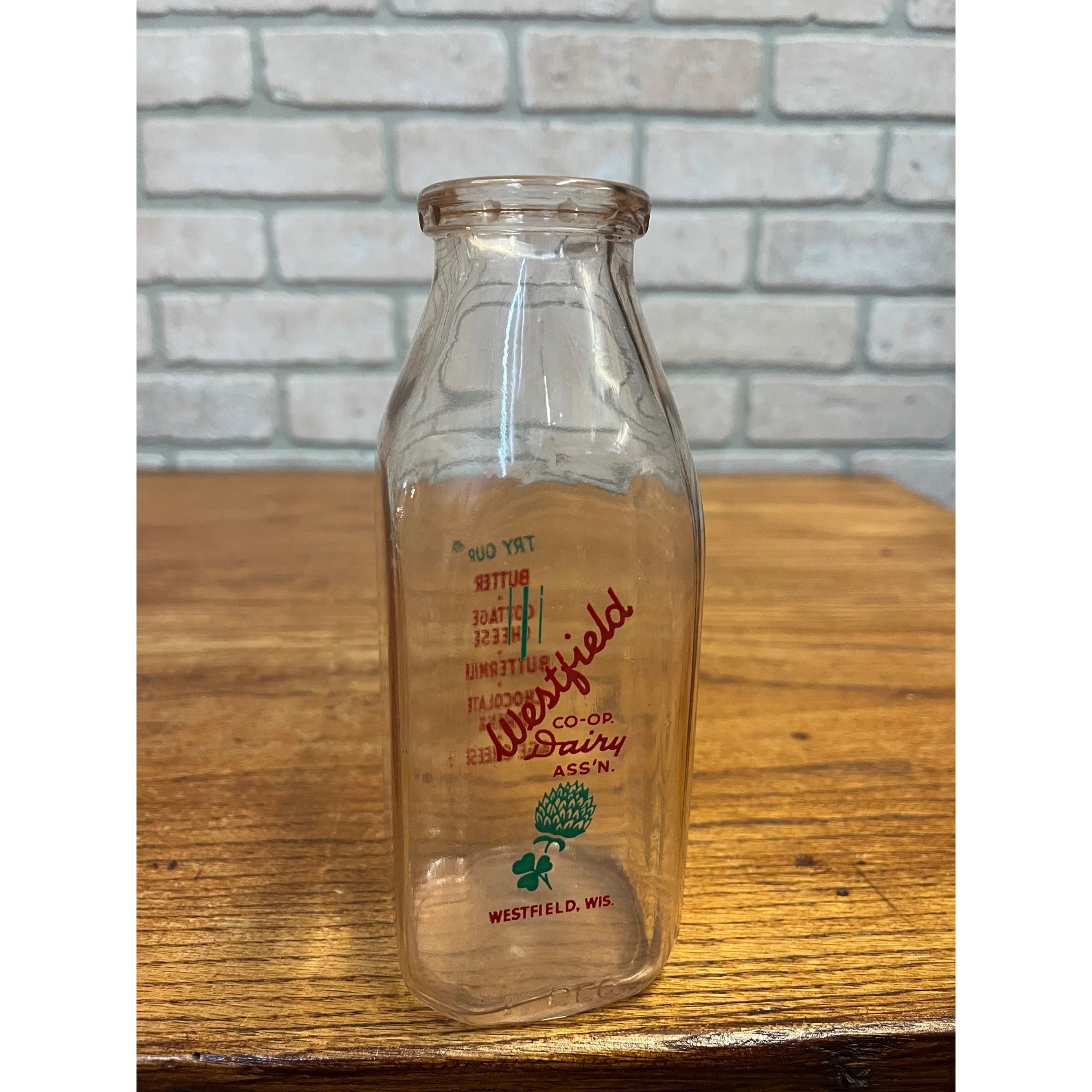 Vintage Westfield Co-Op Dairy Wisconsin Milk Bottle One Pint Glass Wis WI ACL