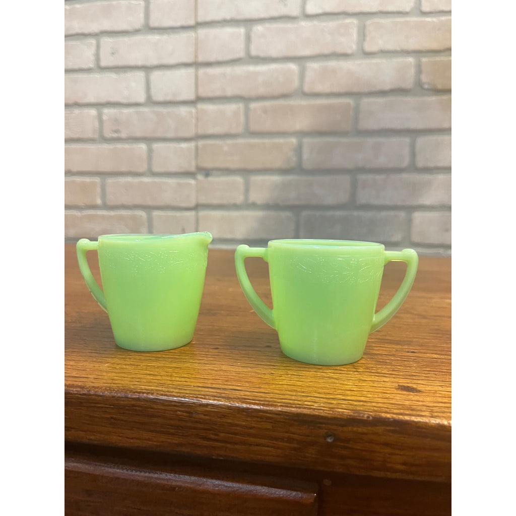 Vintage McKee Green Jadeite Mini Child's Creamer & Teacup Set Uranium Glows
