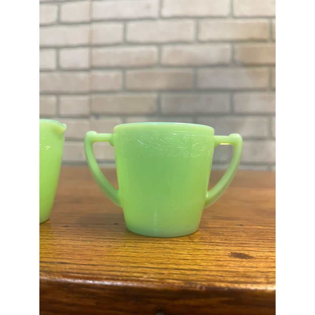 Vintage McKee Green Jadeite Mini Child's Creamer & Teacup Set Uranium Glows