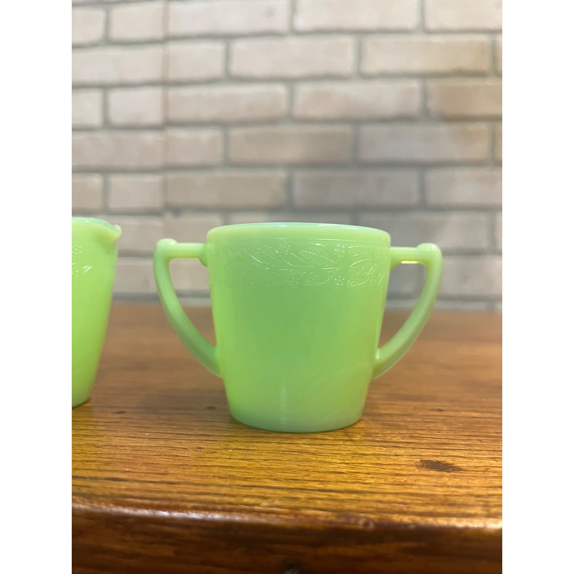 Vintage McKee Green Jadeite Mini Child's Creamer & Teacup Set Uranium Glows