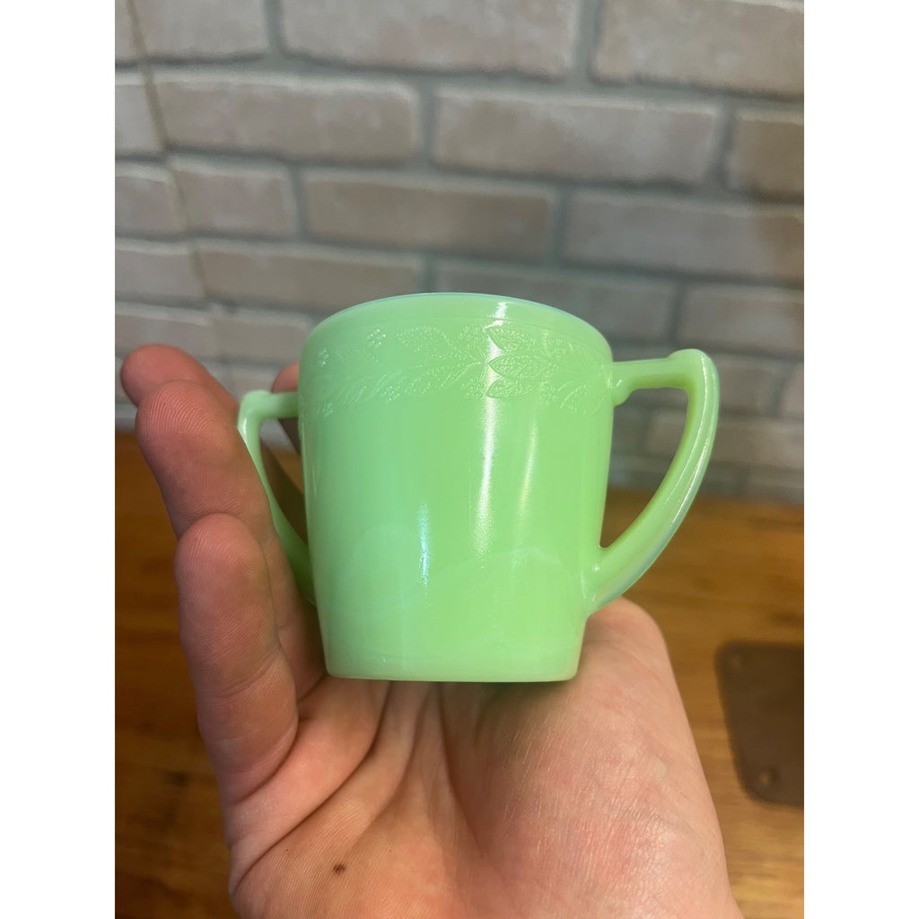 Vintage McKee Green Jadeite Mini Child's Creamer & Teacup Set Uranium Glows