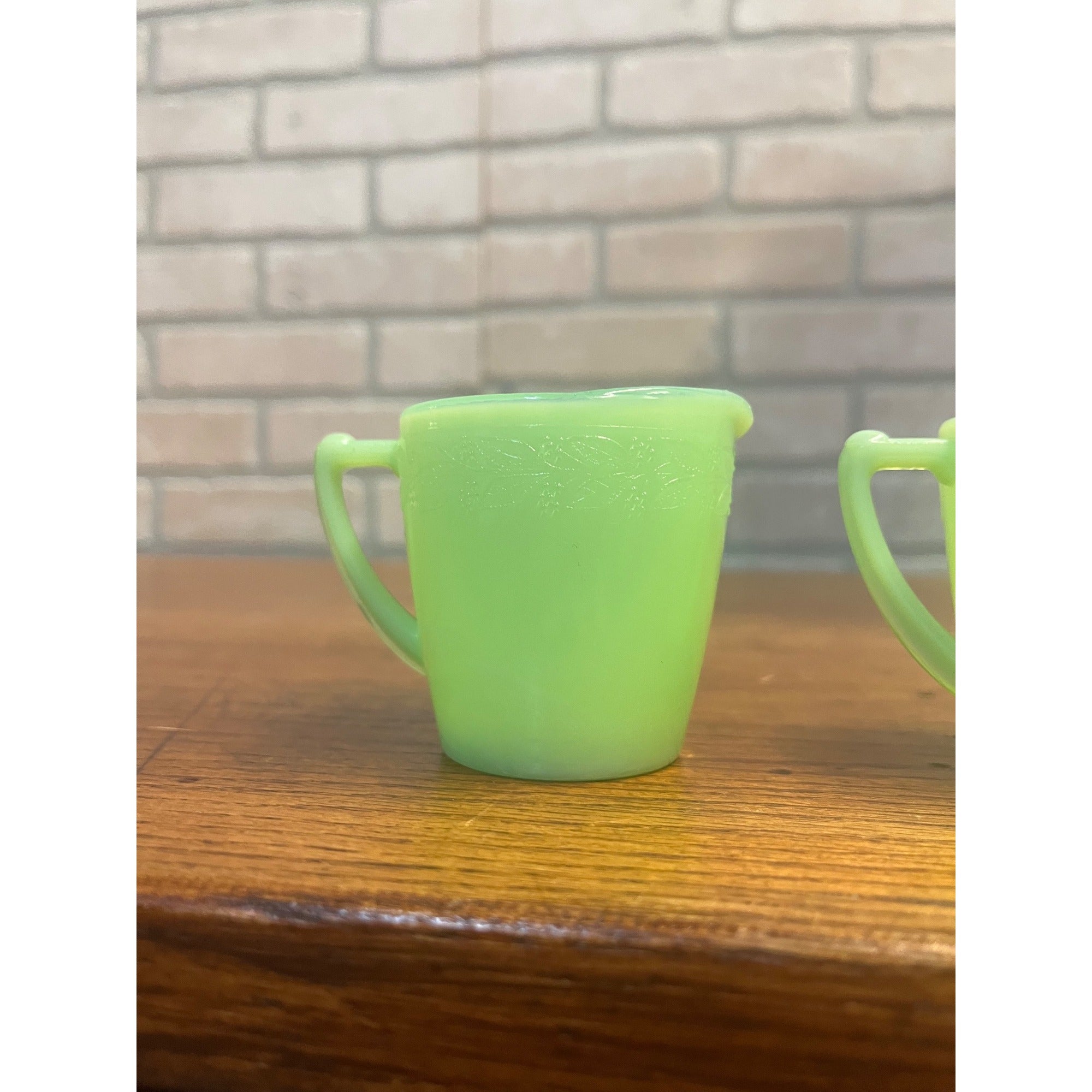 Vintage McKee Green Jadeite Mini Child's Creamer & Teacup Set Uranium Glows