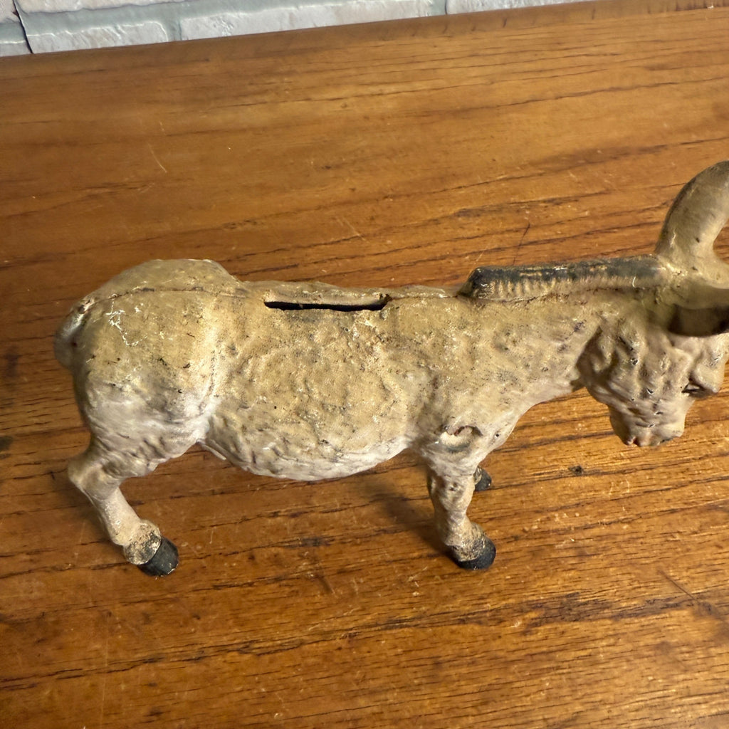 Vintage Cast Iron White Donkey Bank 2 Piece