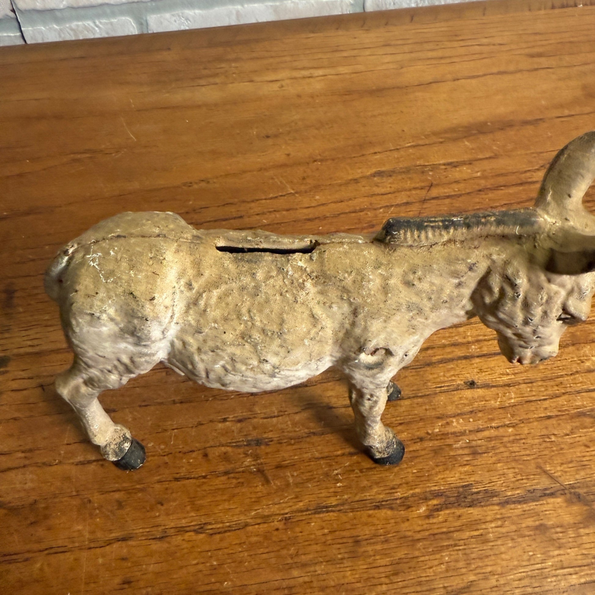 Vintage Cast Iron White Donkey Bank 2 Piece