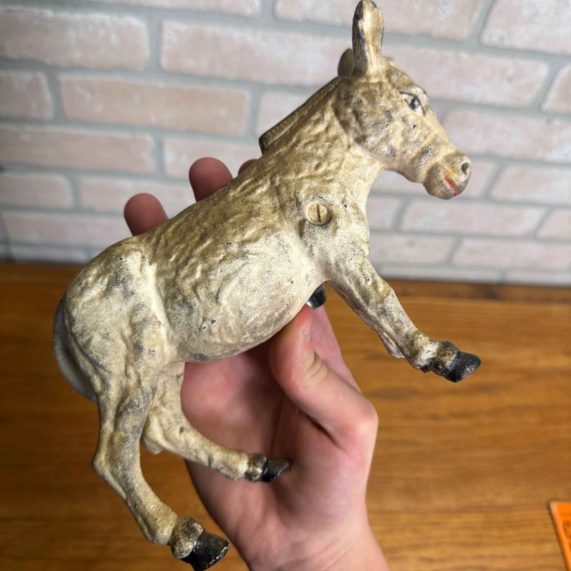 Vintage Cast Iron White Donkey Bank 2 Piece