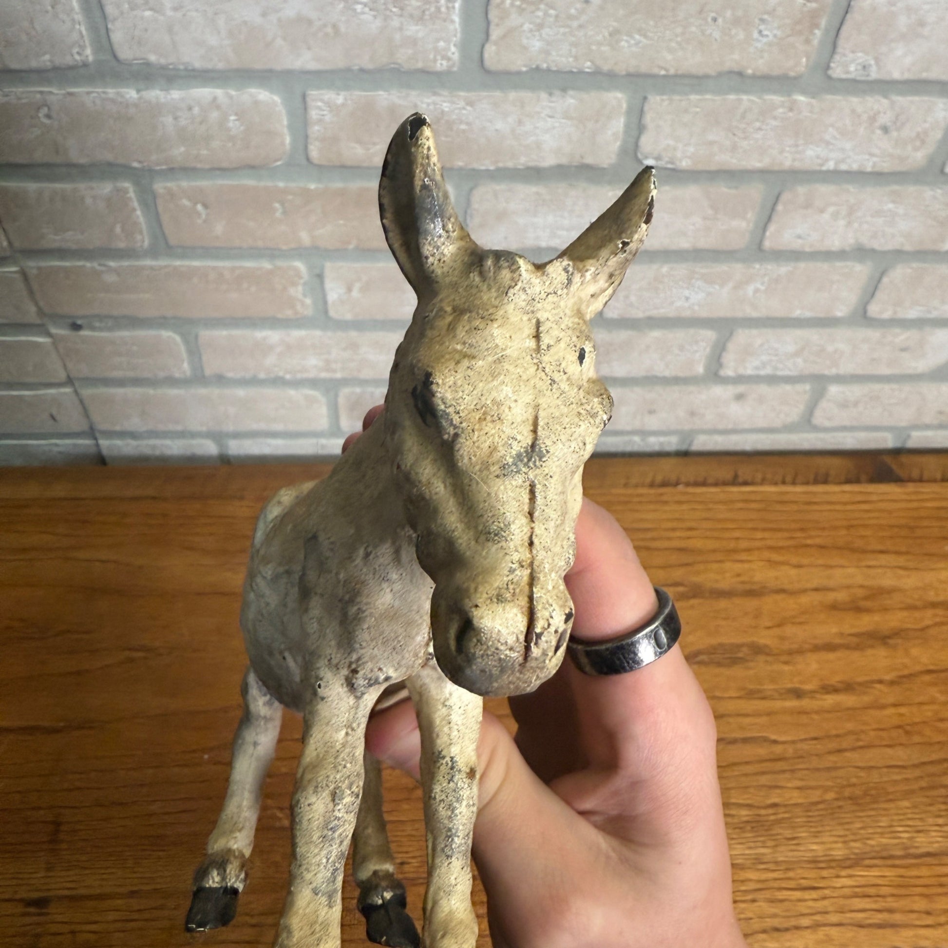 Vintage Cast Iron White Donkey Bank 2 Piece