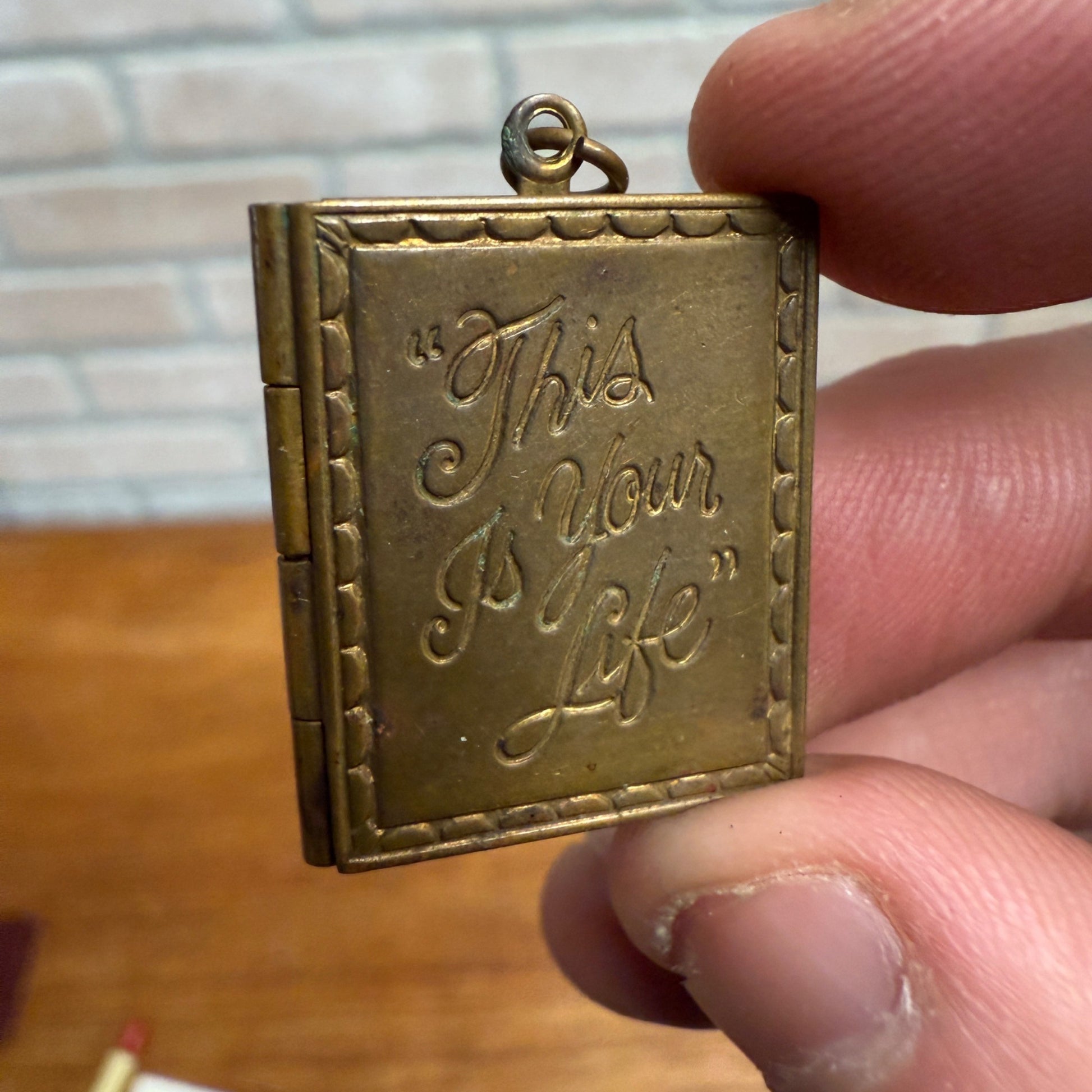 Vintage 1930s "This Is Your Life" Book Shaped Photo Locket 1.0" x 7/8" Gold Tone