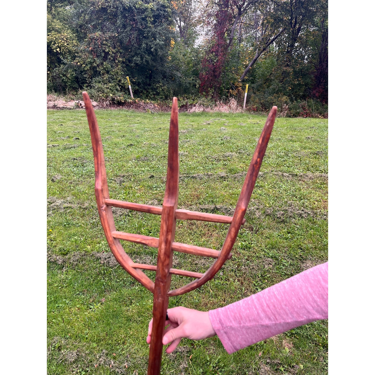 Vintage Hand-Carved Three-Prong Wooden Hay Fork Pitchfork Farmhouse Tool  Primitive Country Decor