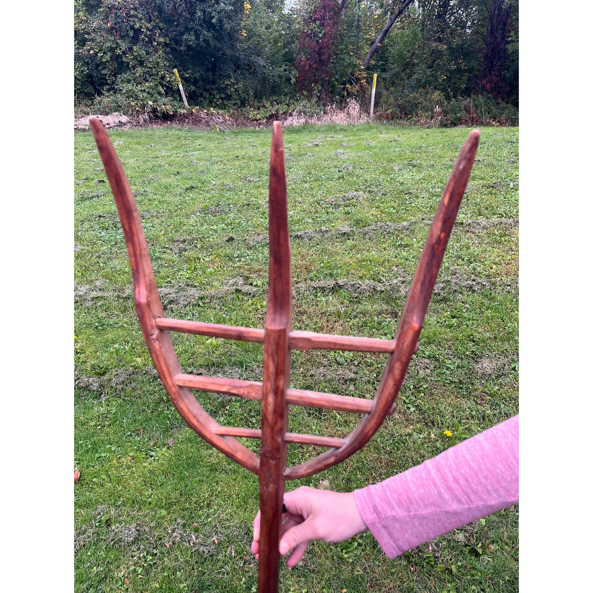 Vintage Hand-Carved Three-Prong Wooden Hay Fork Pitchfork Farmhouse Tool  Primitive Country Decor