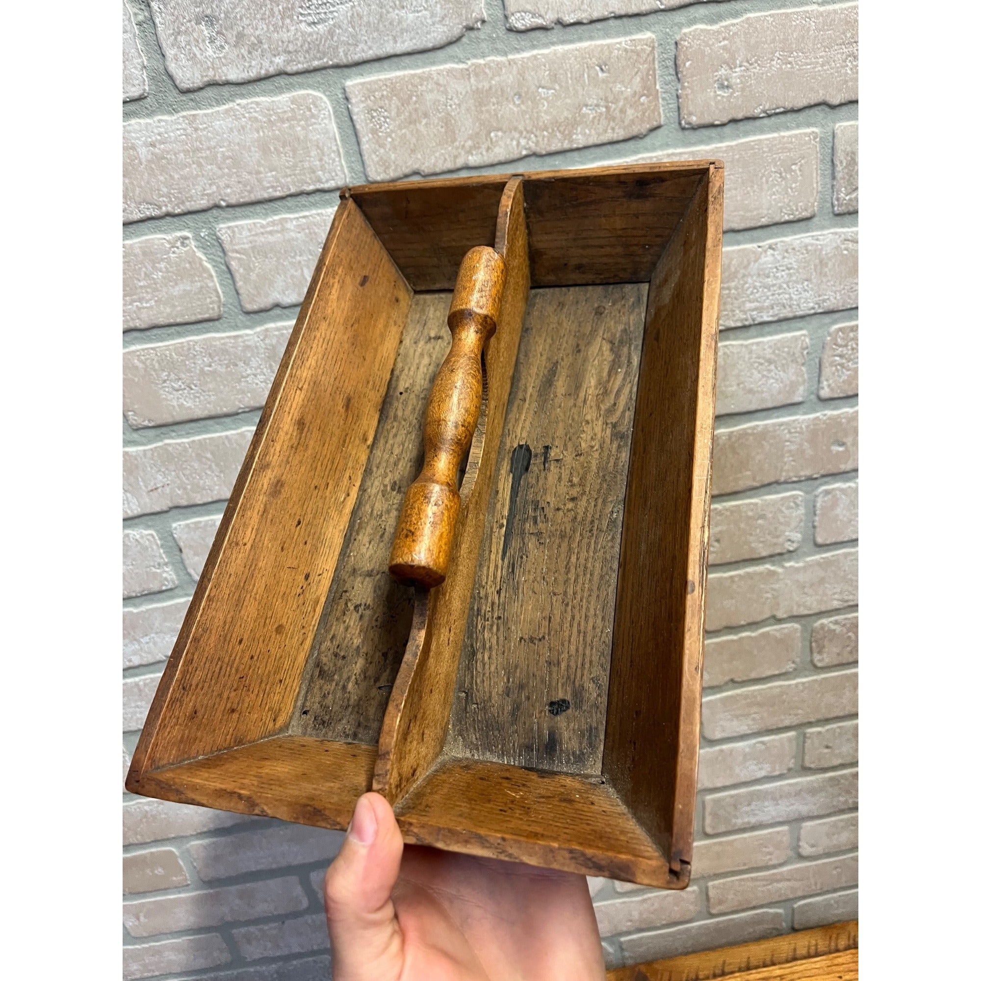 Antique Primitive Wooden Utensil Caddy Tote Carrier w/ Handle Farmhouse Country Kitchen Decor