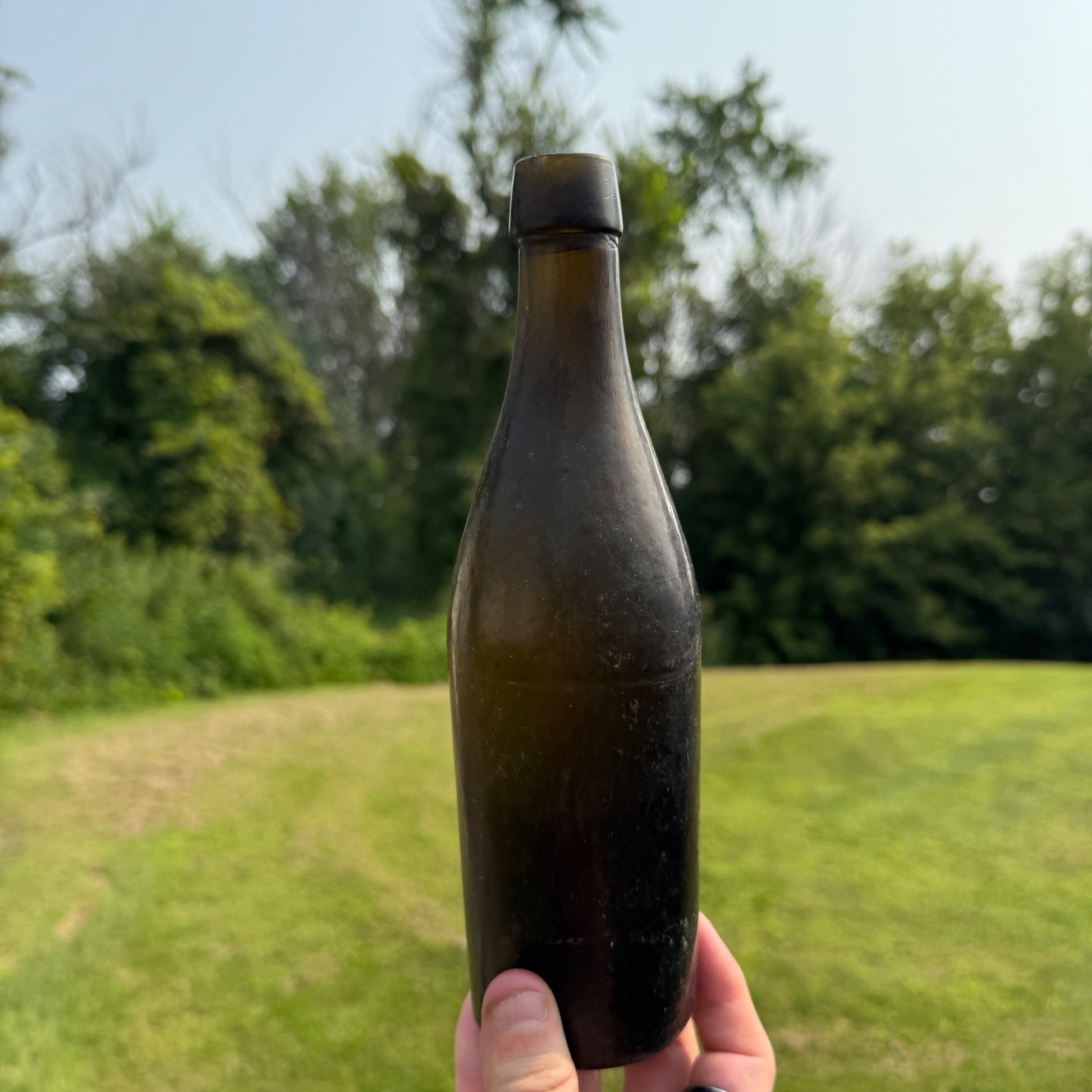 Antique 1800s Dark Olive Green Applied Lip Liquor Soda Beer Bottle