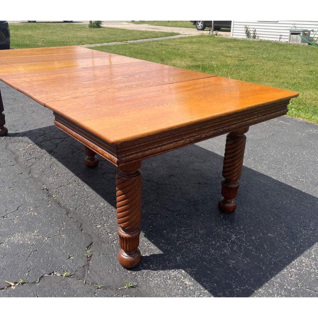 Vintage 1900s Solid Oak Farmhouse Large Extension Dining Table Jacobean English