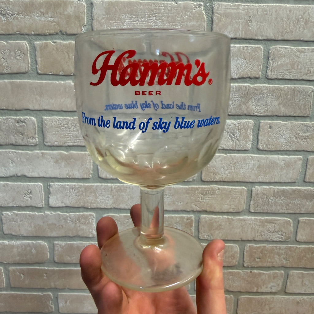Vintage Hamm’s Beer Goblet Thumbprint Heavy Stemmed Schooner Drink Glass