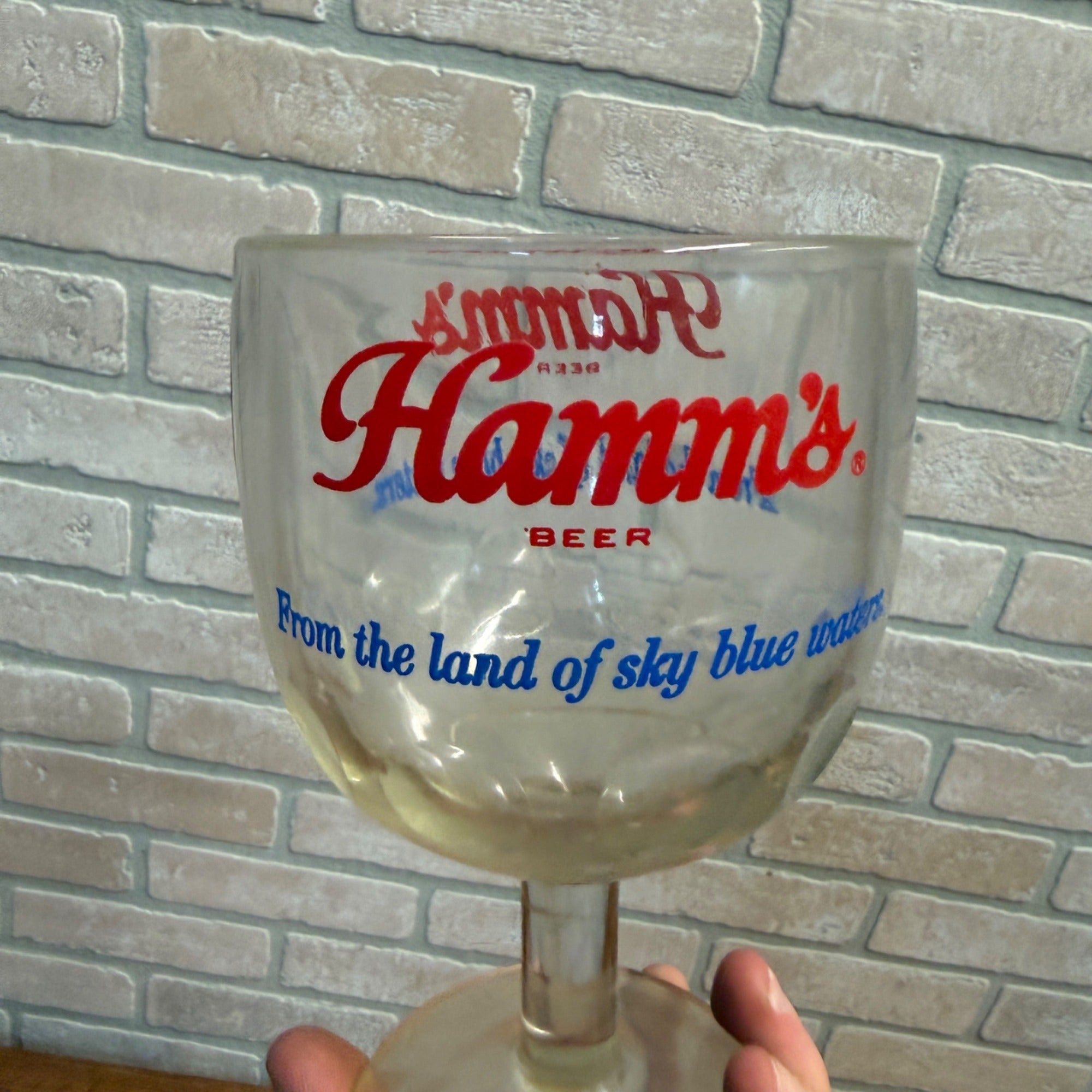 Vintage Hamm’s Beer Goblet Thumbprint Heavy Stemmed Schooner Drink Glass