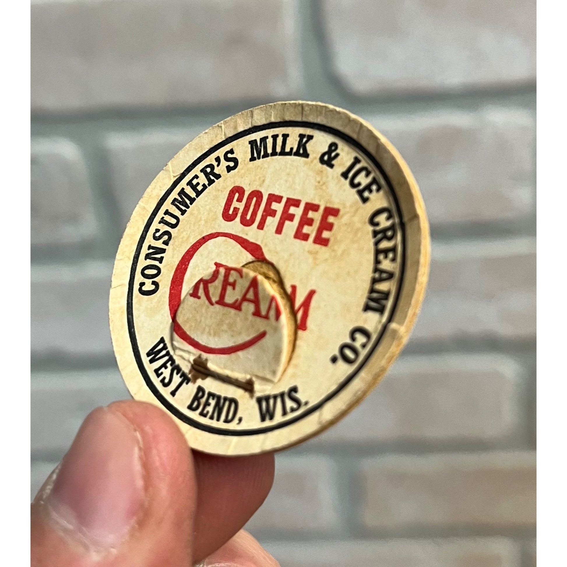 Milk Bottle Cap - Consumer's Milk & Ice Cream Co. - West Bend Wisconsin - Cream