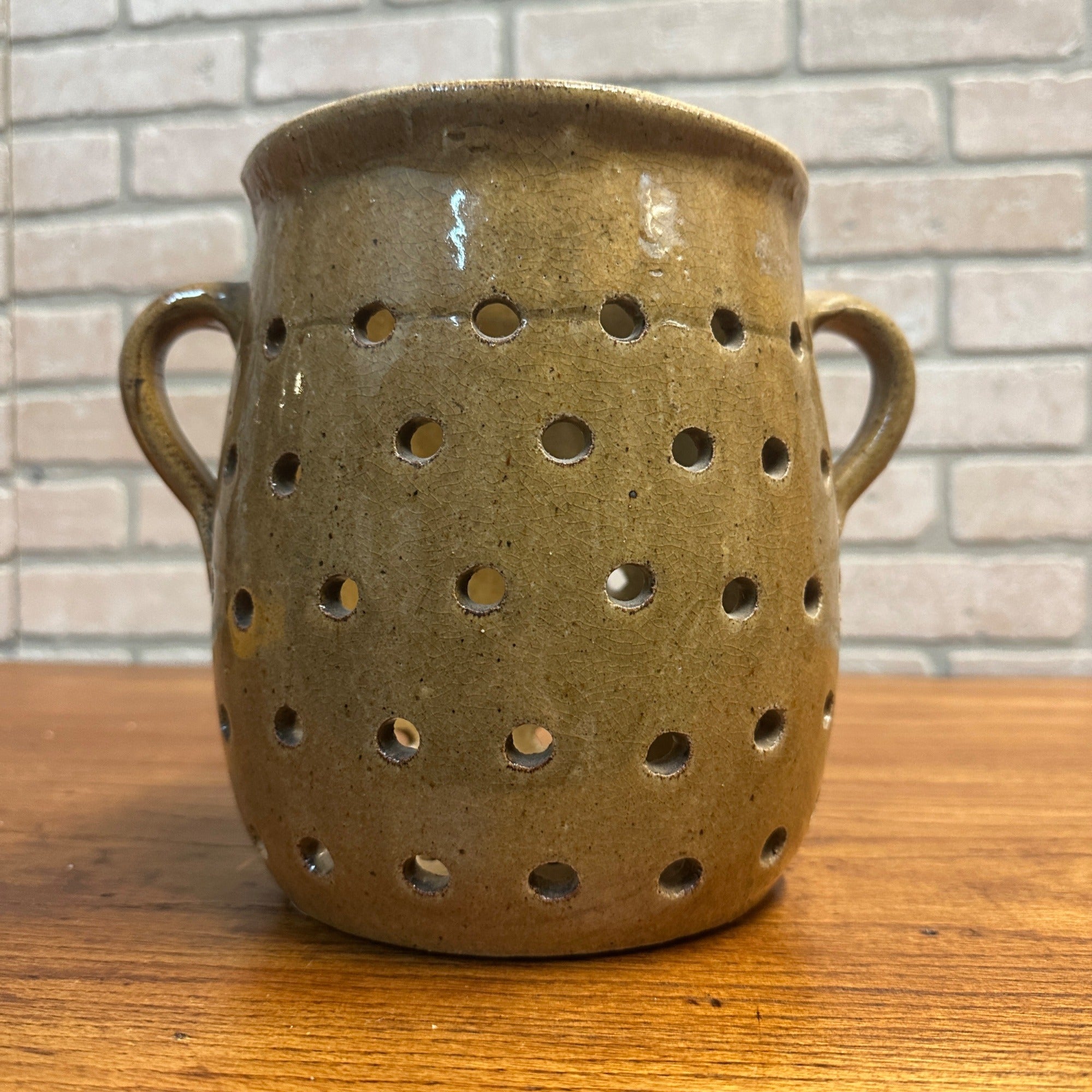 RARE Antique Primitive 19th Century Cheese Stainer Stoneware Salt Glaze Double Handle