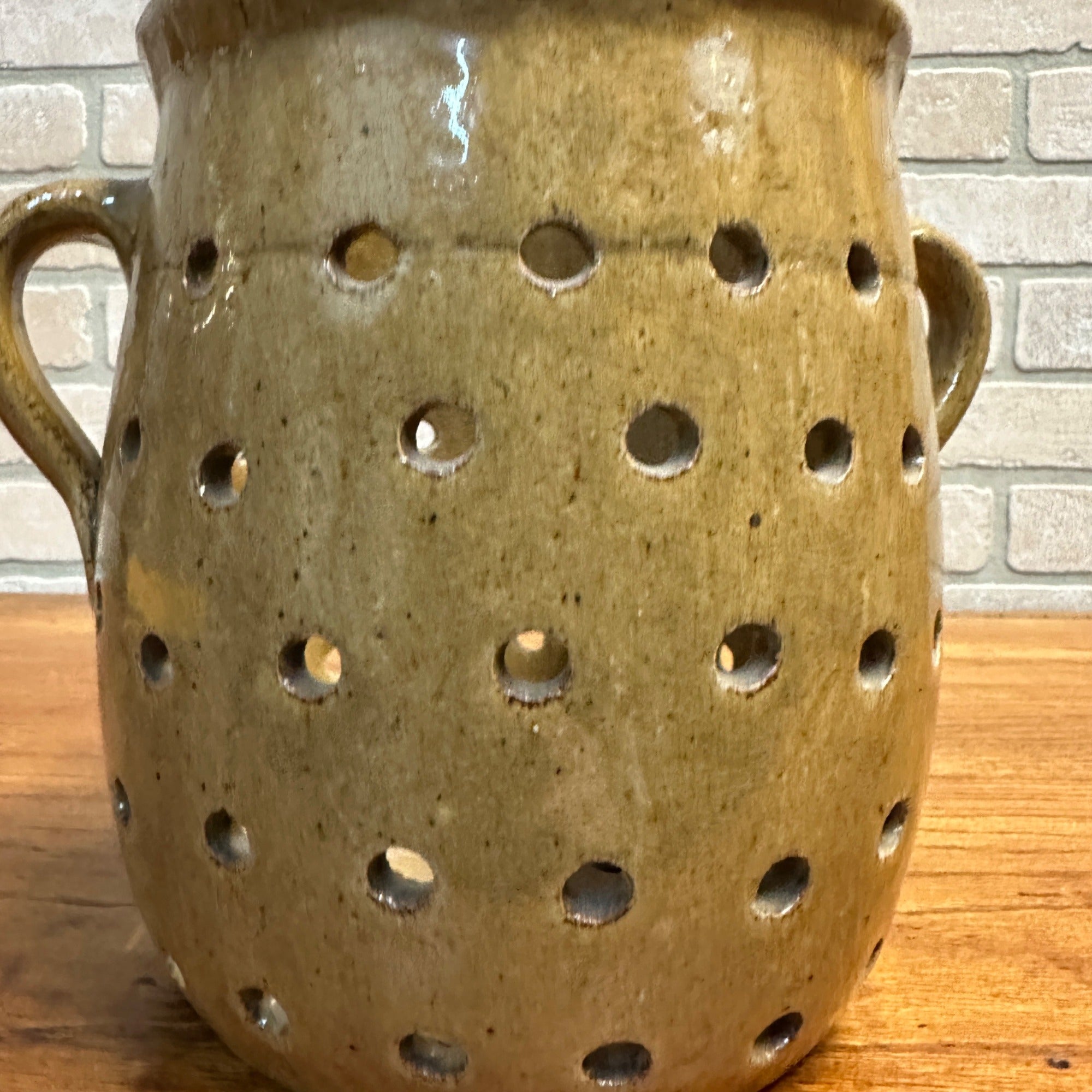 RARE Antique Primitive 19th Century Cheese Stainer Stoneware Salt Glaze Double Handle