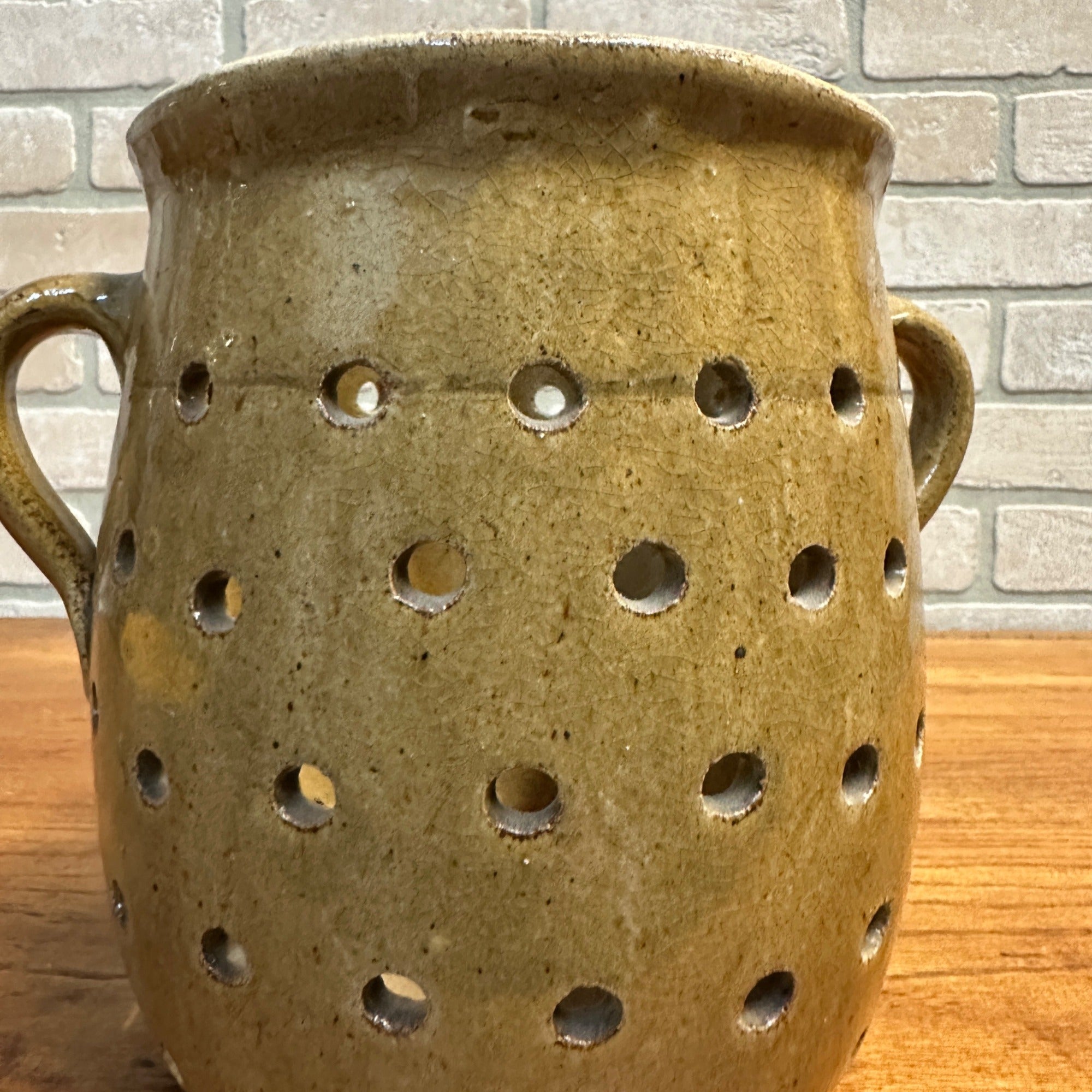 RARE Antique Primitive 19th Century Cheese Stainer Stoneware Salt Glaze Double Handle