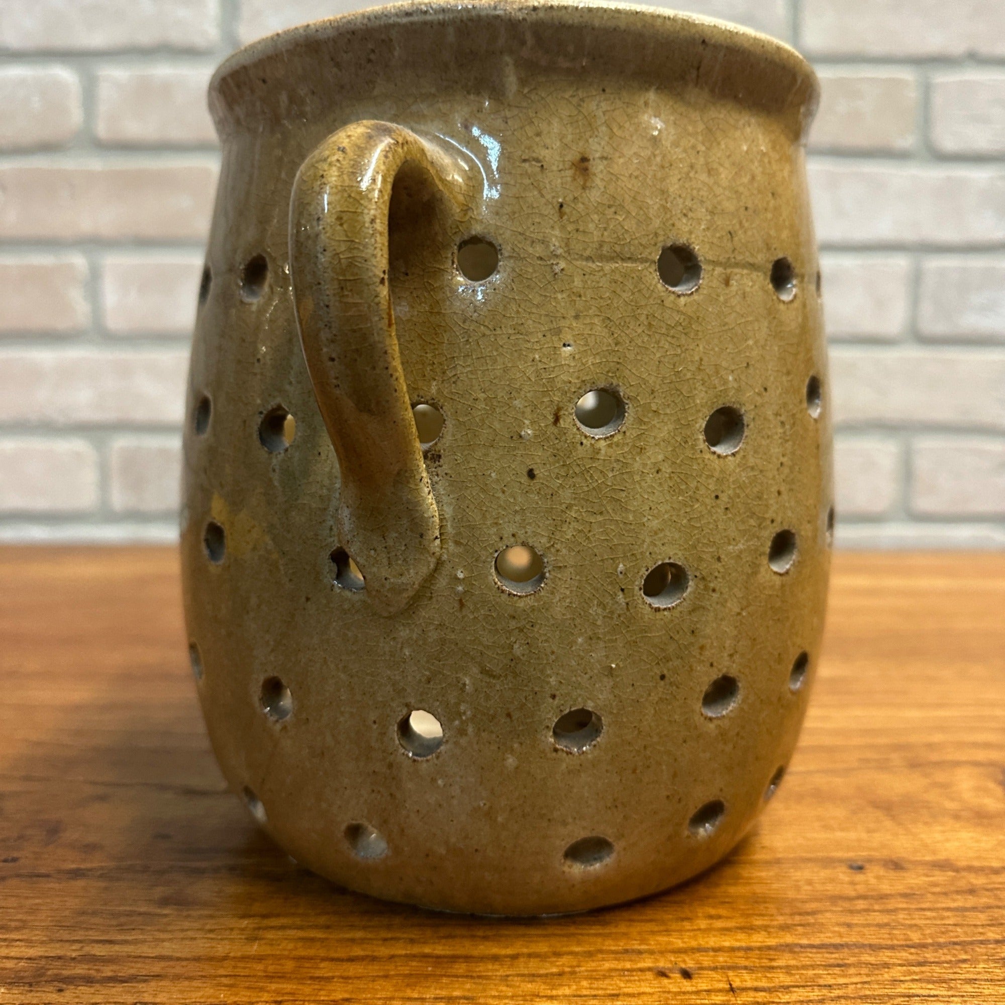 RARE Antique Primitive 19th Century Cheese Stainer Stoneware Salt Glaze Double Handle