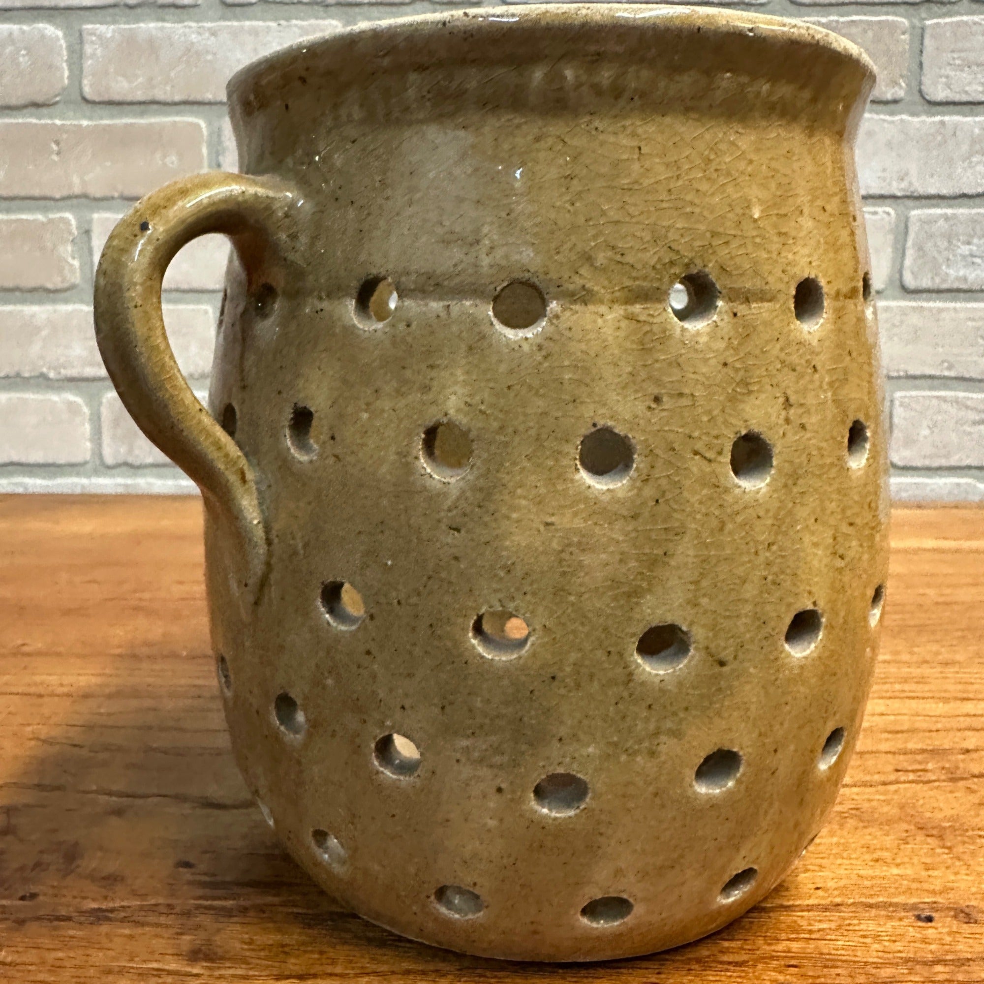 RARE Antique Primitive 19th Century Cheese Stainer Stoneware Salt Glaze Double Handle
