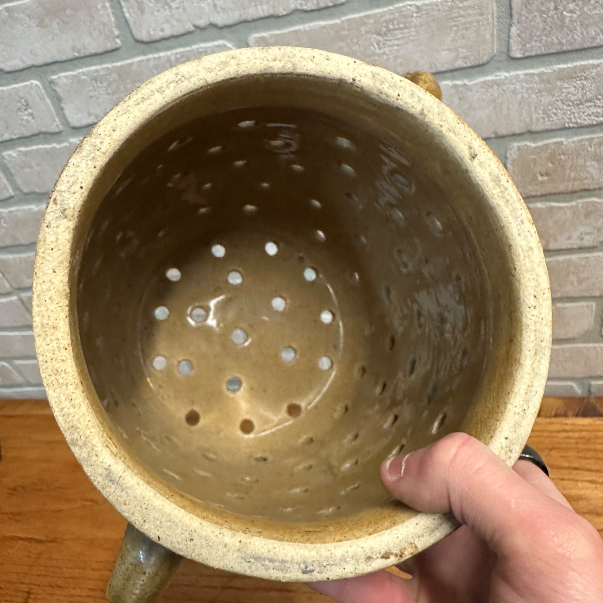 RARE Antique Primitive 19th Century Cheese Stainer Stoneware Salt Glaze Double Handle