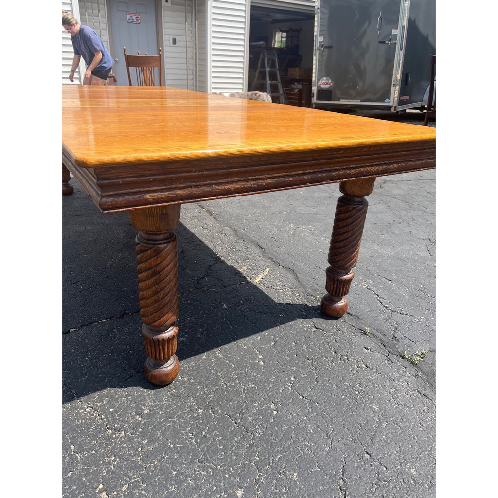 Vintage 1900s Solid Oak Farmhouse Large Extension Dining Table Jacobean English