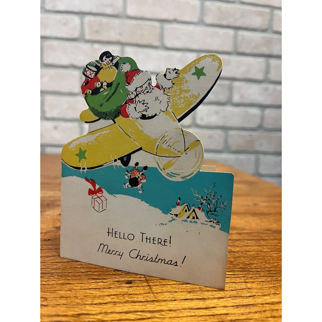 Vintage 1930s Christmas Diecut Card Santa Yellow Airplane USA - Hallmark?