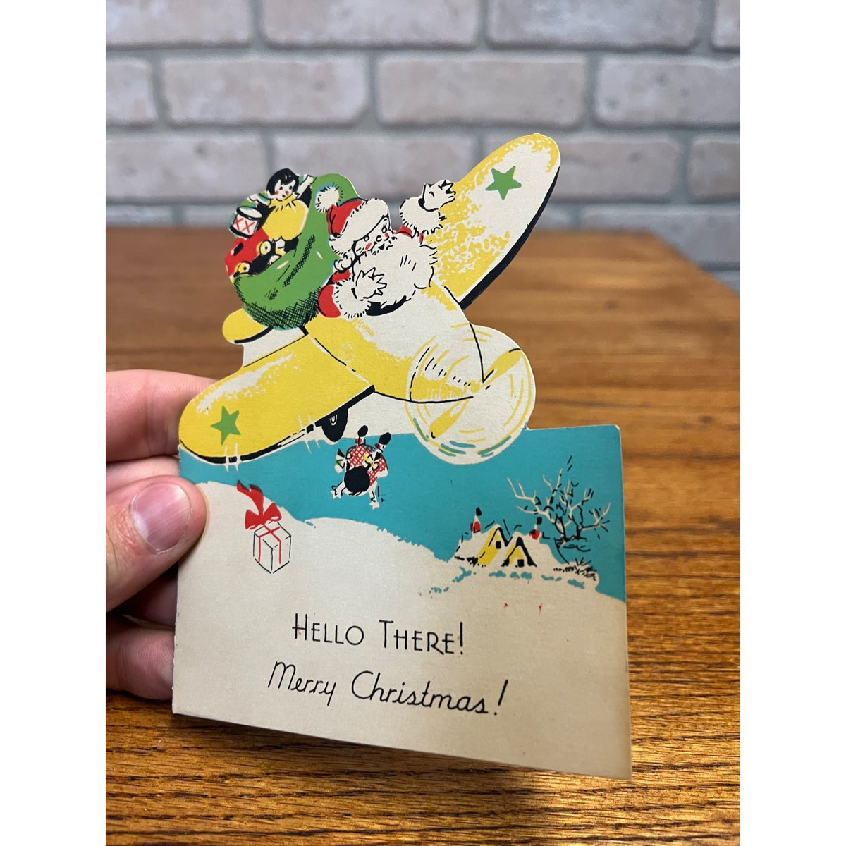 Vintage 1930s Christmas Diecut Card Santa Yellow Airplane USA - Hallmark?
