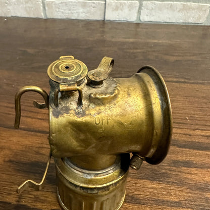 ANTIQUE JUSTRITE BRASS CARBIDE MINER'S LAMP LIGHT LANTERN HELMET MOUNT