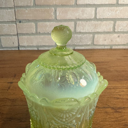 Northwood Encore Jewel & Flower Covered Candy Sugar Dish Uranium Vaseline EAPG