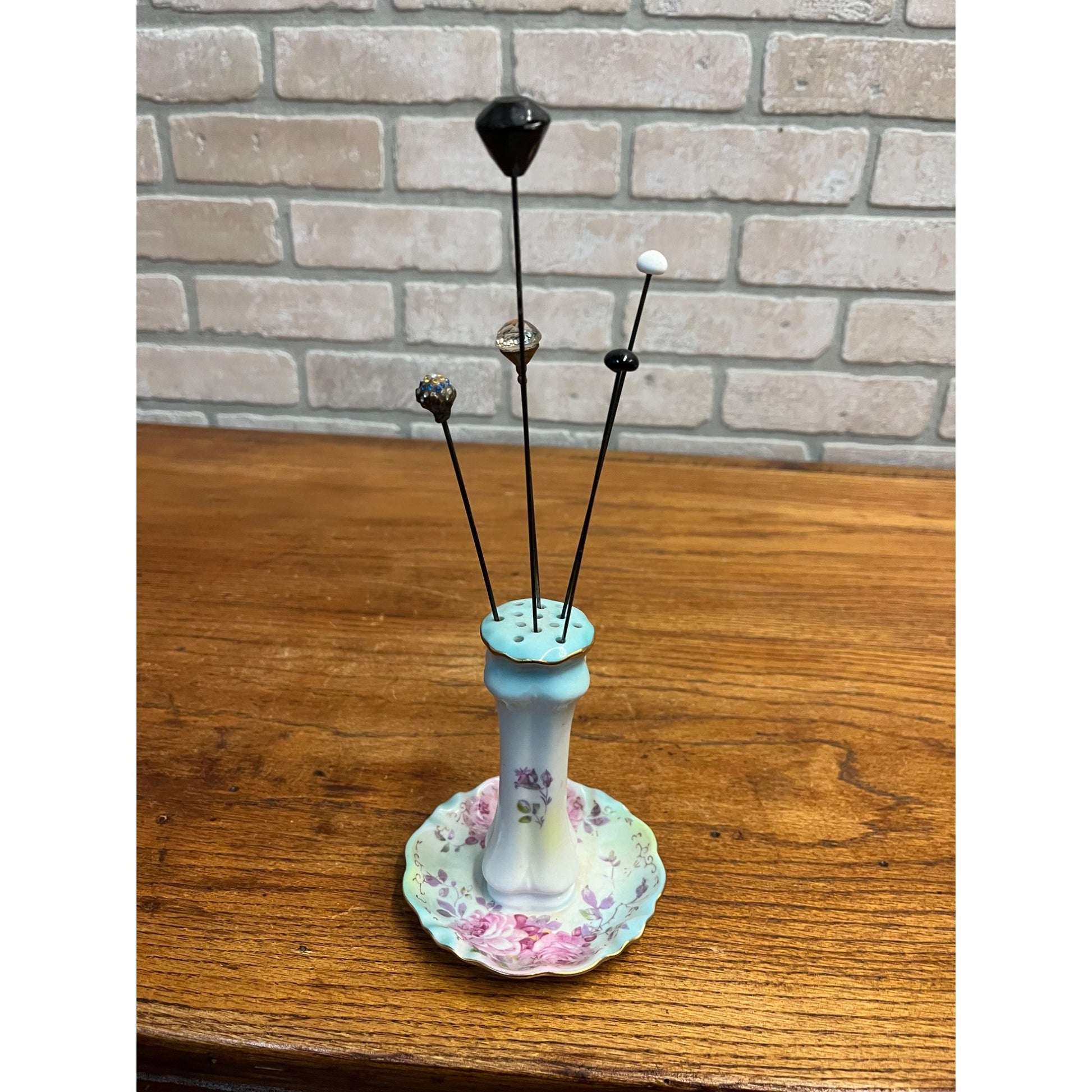 Vintage RS Japan Hand Painted Porcelain Hat / Hair Pin Holder w/ Victorian Pins