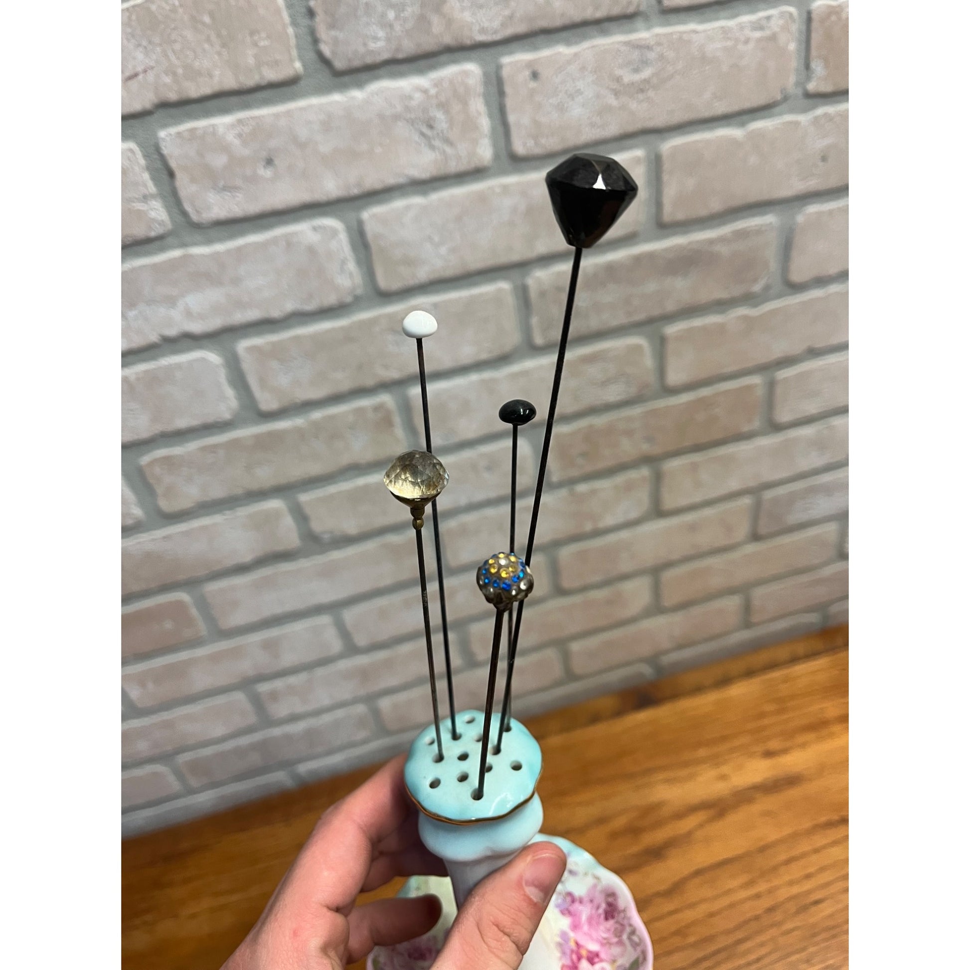 Vintage RS Japan Hand Painted Porcelain Hat / Hair Pin Holder w/ Victorian Pins