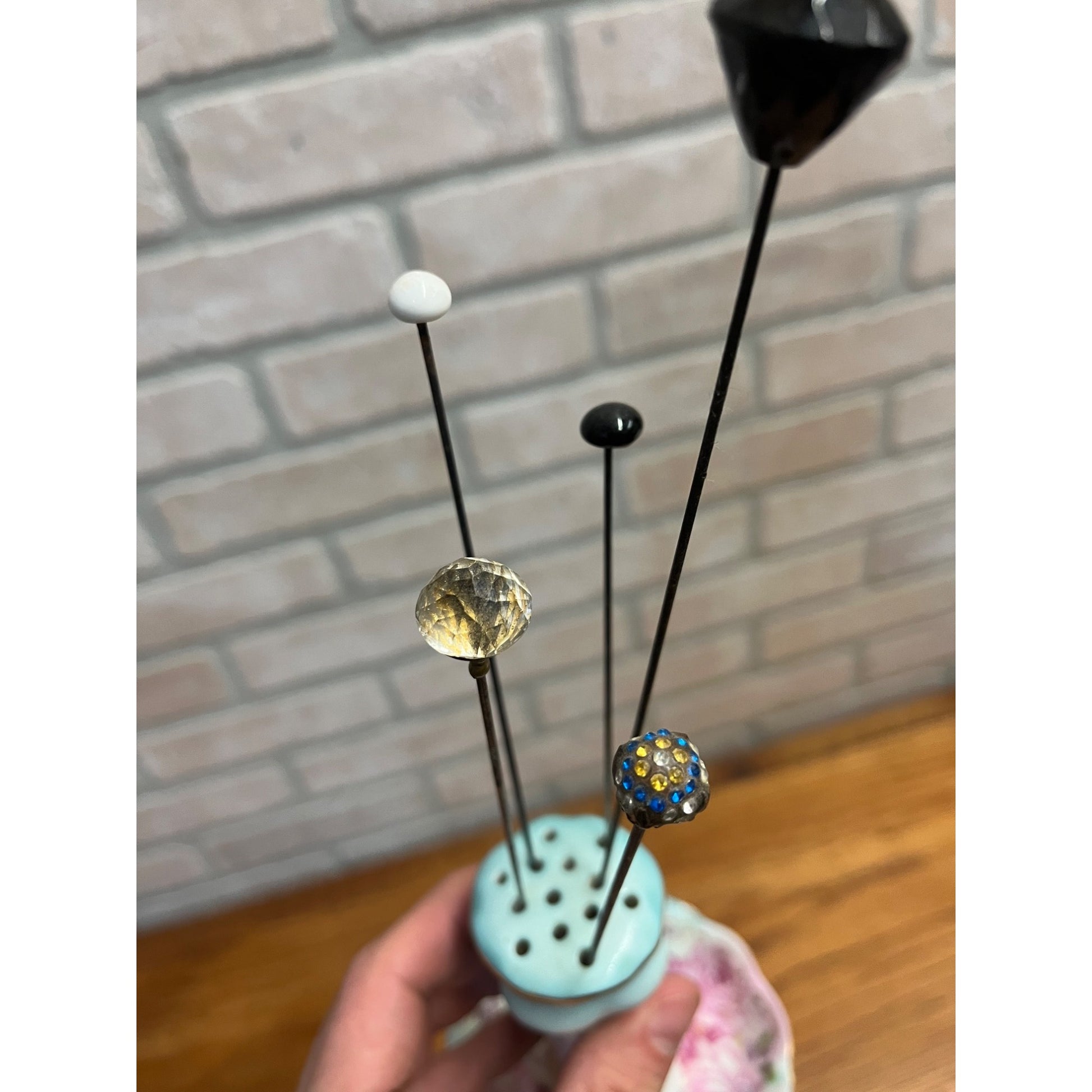 Vintage RS Japan Hand Painted Porcelain Hat / Hair Pin Holder w/ Victorian Pins