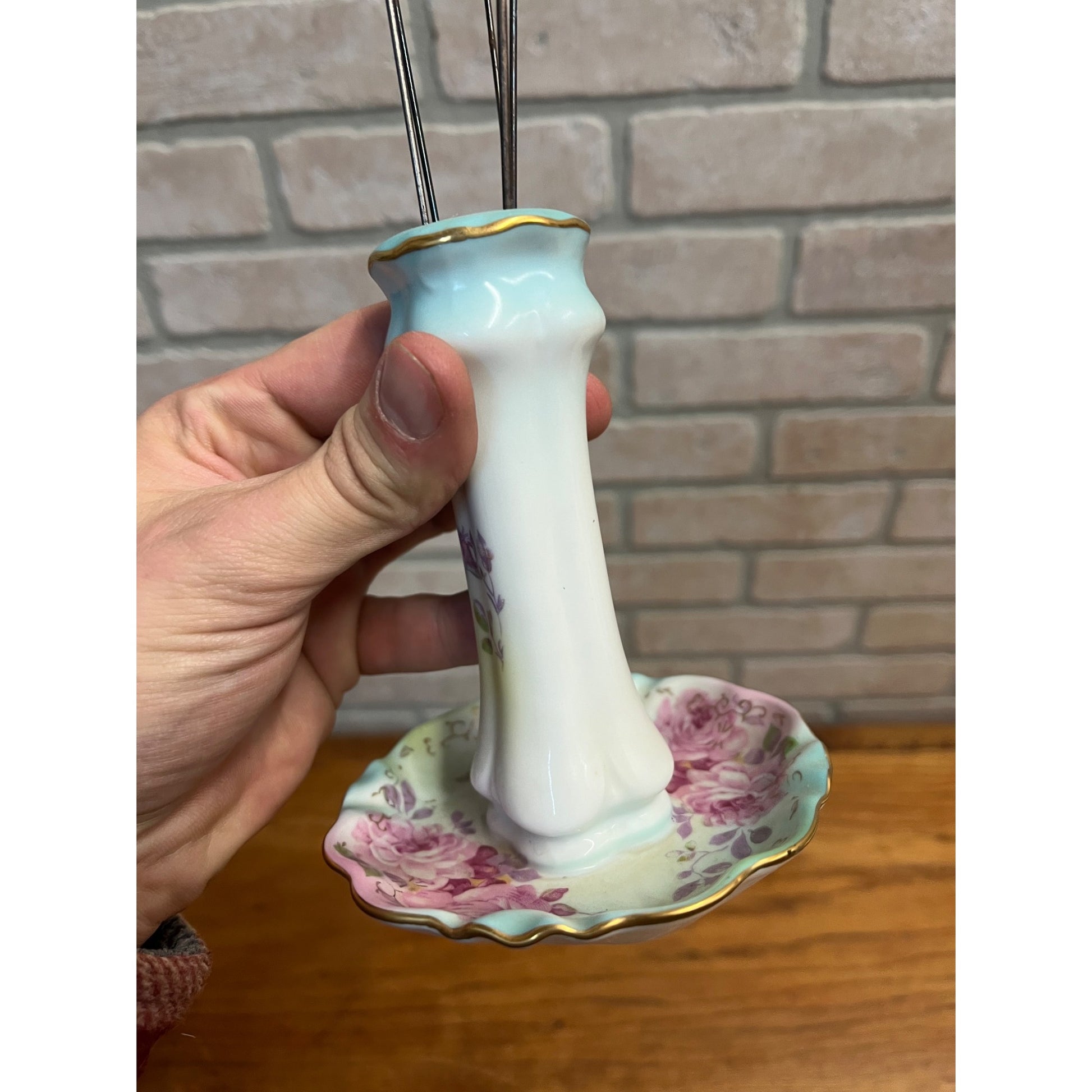 Vintage RS Japan Hand Painted Porcelain Hat / Hair Pin Holder w/ Victorian Pins