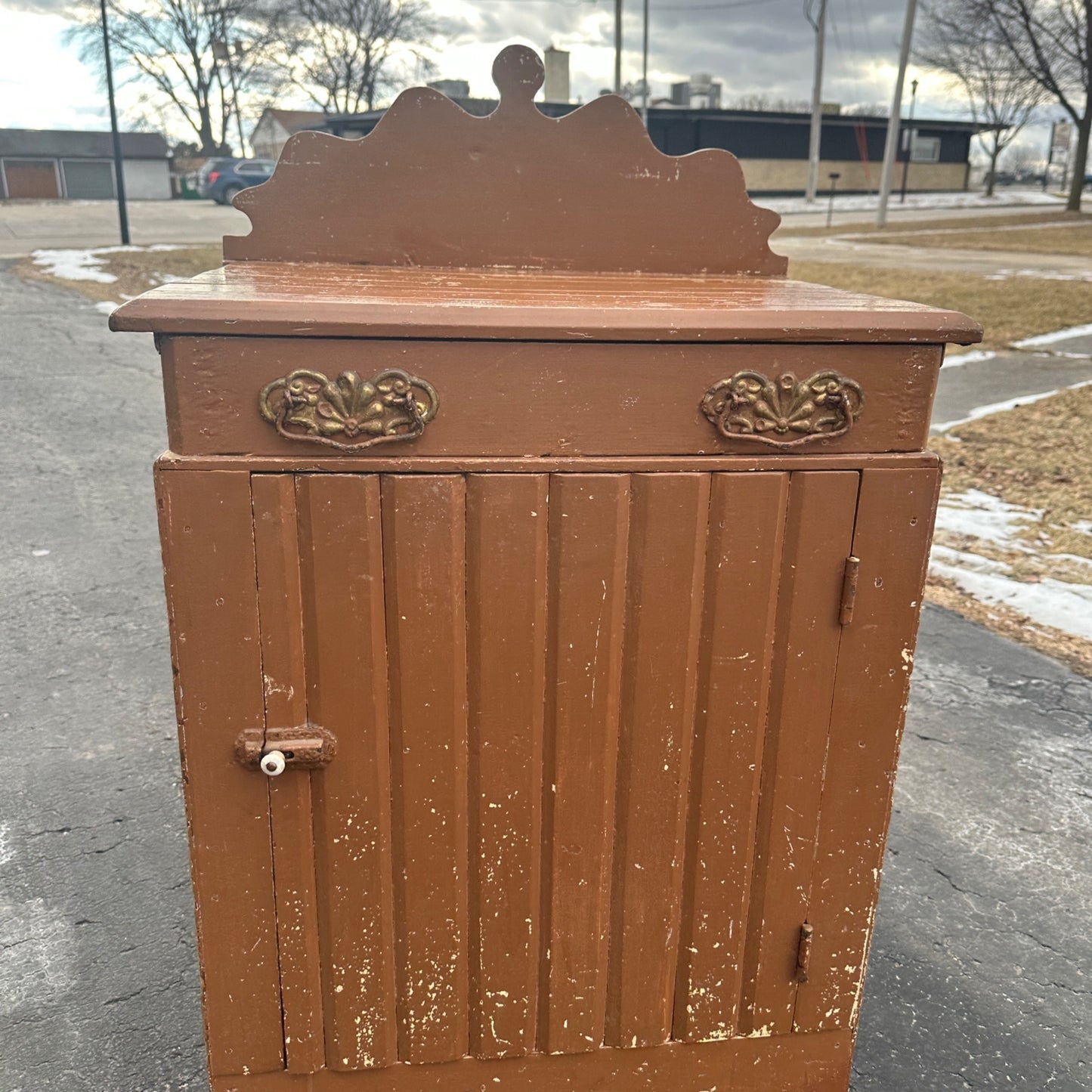 Antique Primitive Cabinet Side Table Wash Stand Brown Tan