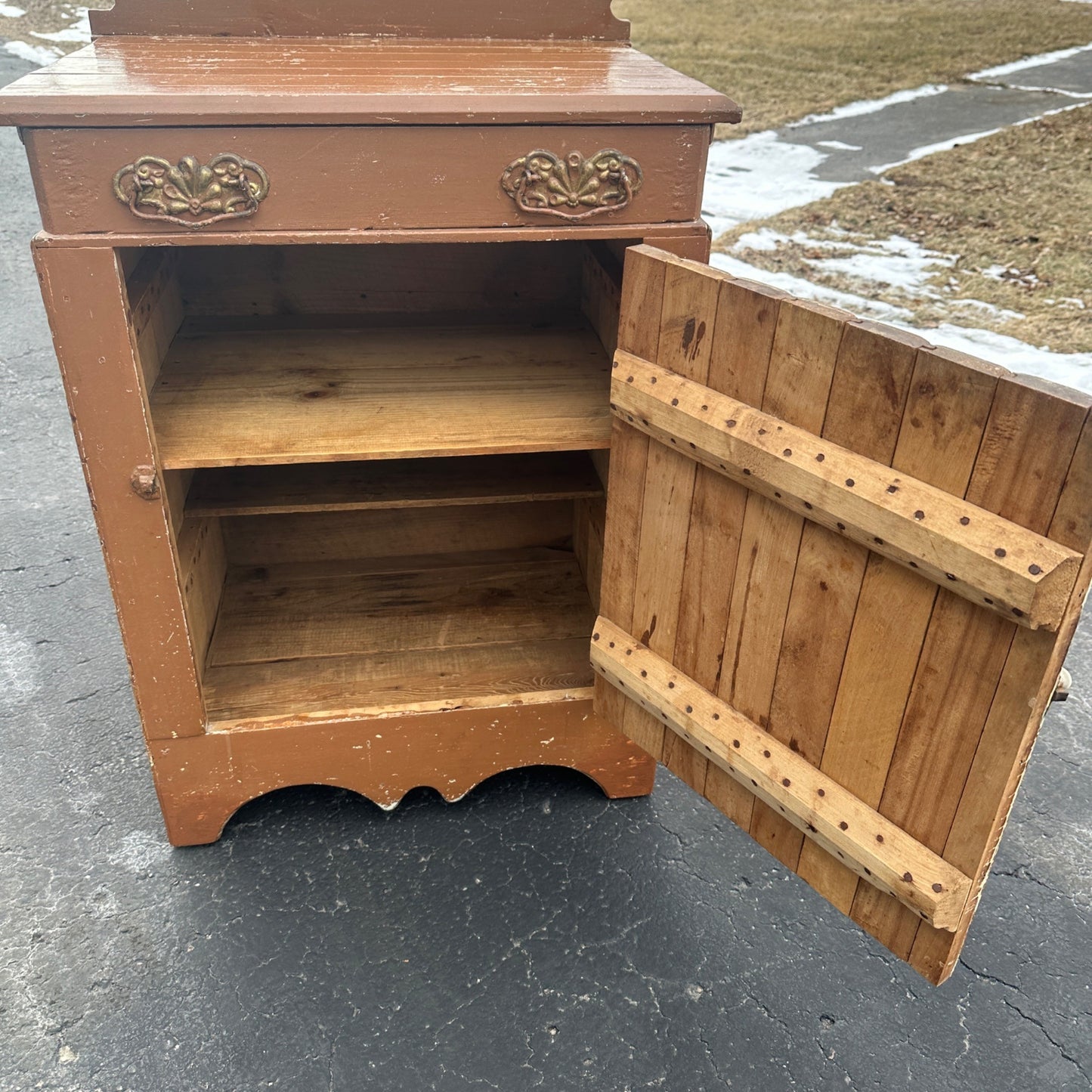 Antique Primitive Cabinet Side Table Wash Stand Brown Tan