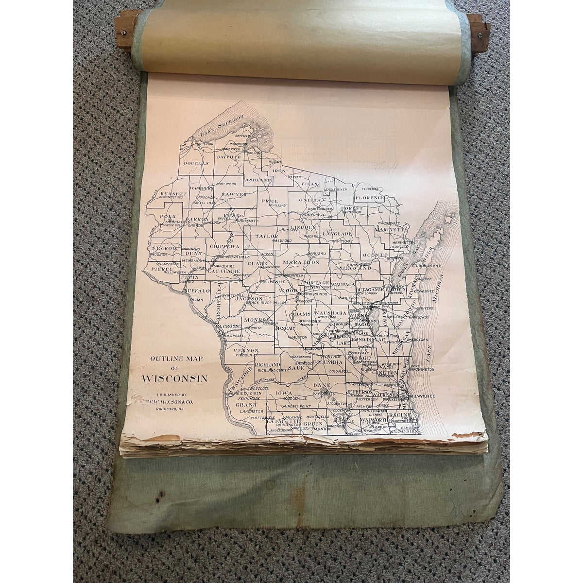 RARE Antique c1915 Wisconsin County Plat Map Hanging Commercial Use