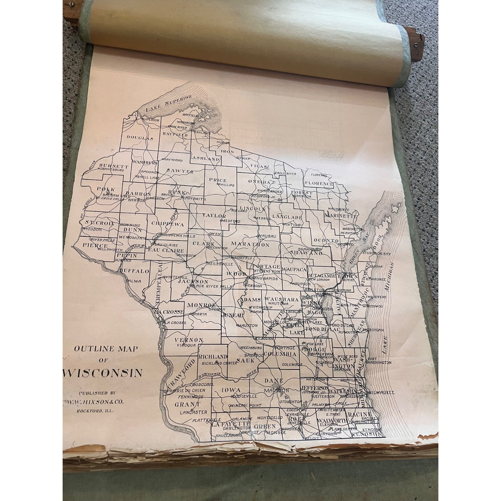 RARE Antique c1915 Wisconsin County Plat Map Hanging Commercial Use