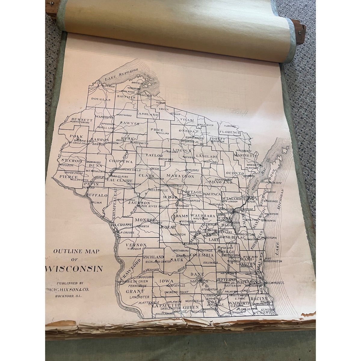 RARE Antique c1915 Wisconsin County Plat Map Hanging Commercial Use