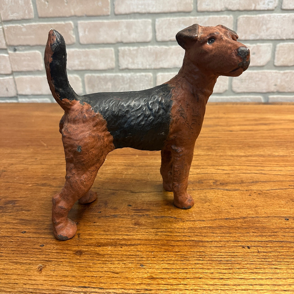 Antique Cast Iron Dog Doorstop Wire Haired Airedale Fox Terrier 8" Hubley