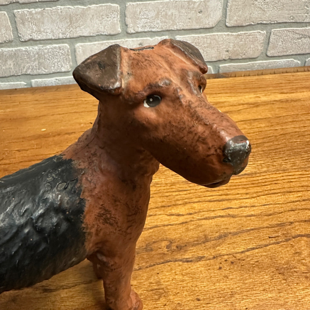 Antique Cast Iron Dog Doorstop Wire Haired Airedale Fox Terrier 8" Hubley