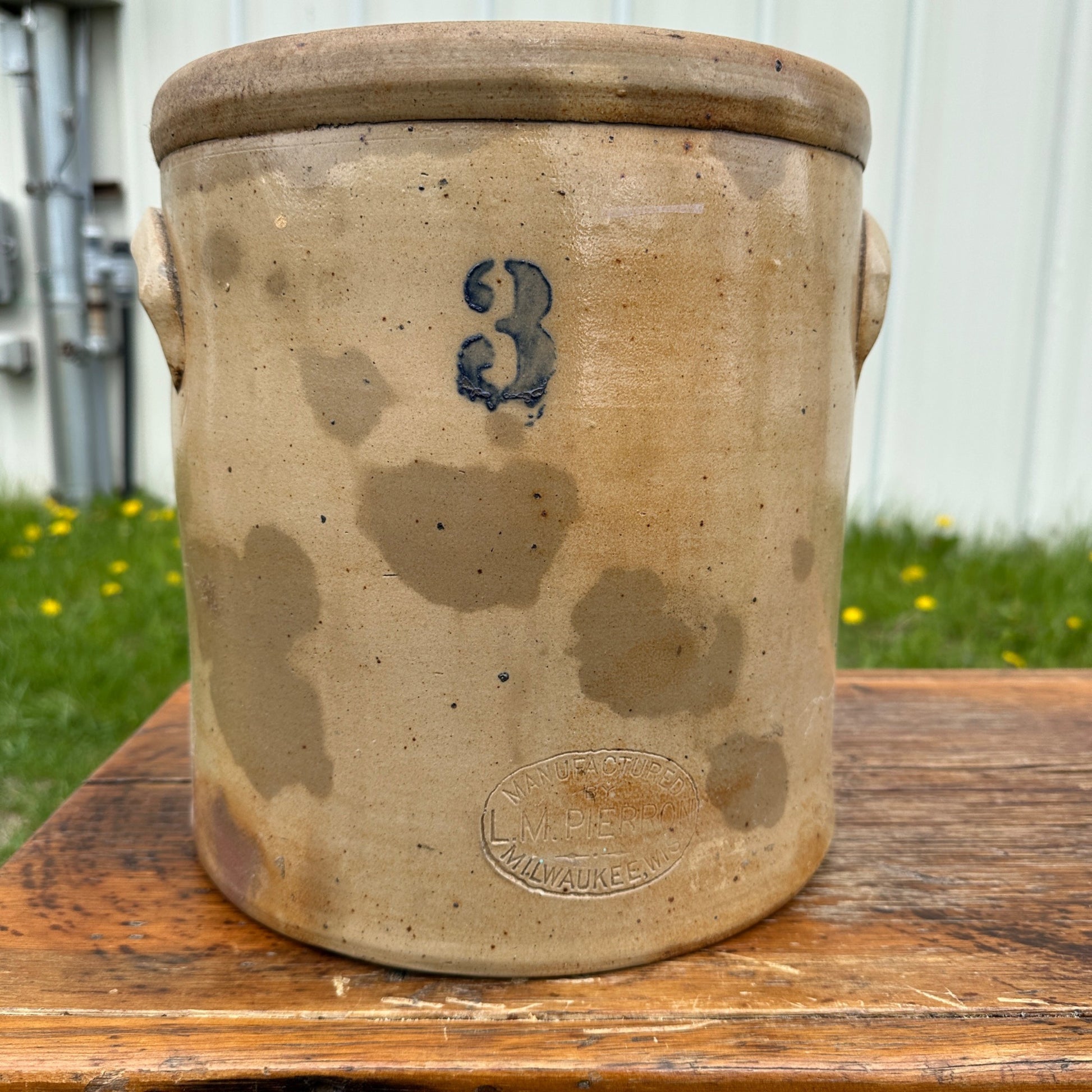 Antique 3 Gallon L.M. Pierron Milwaukee Stoneware Crock Salt Glaze