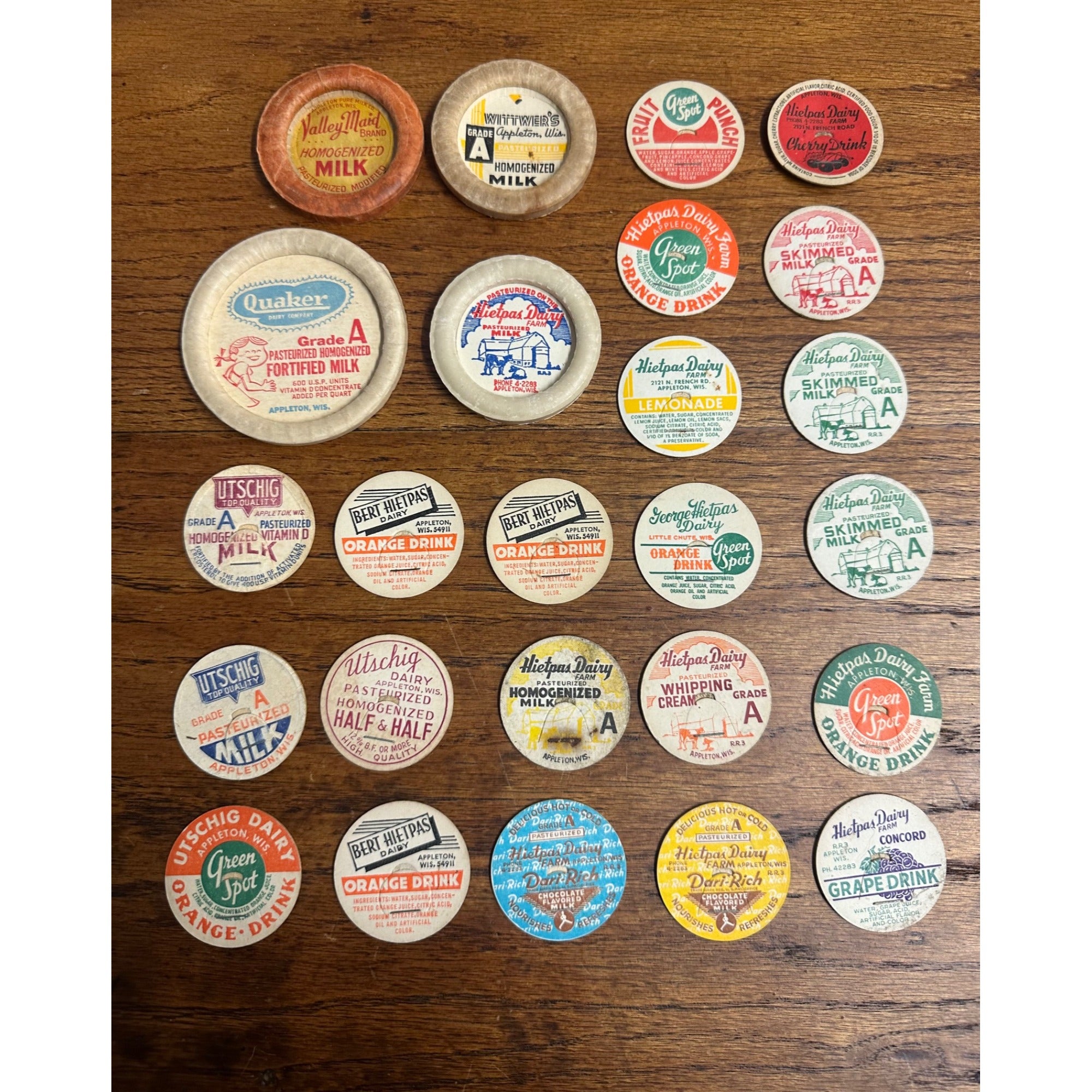 Vintage Appleton Wisconsin Collection of Milk Bottle Dairy Caps Covers