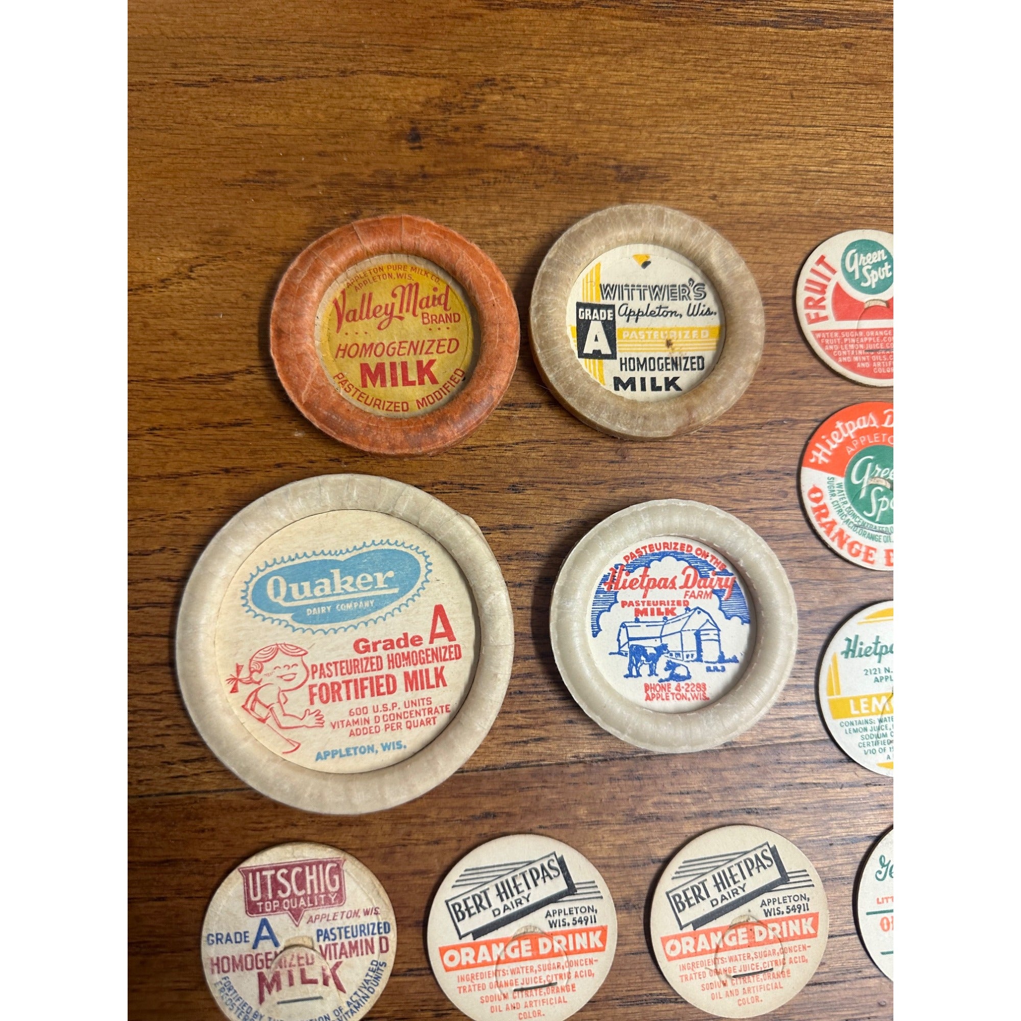Vintage Appleton Wisconsin Collection of Milk Bottle Dairy Caps Covers