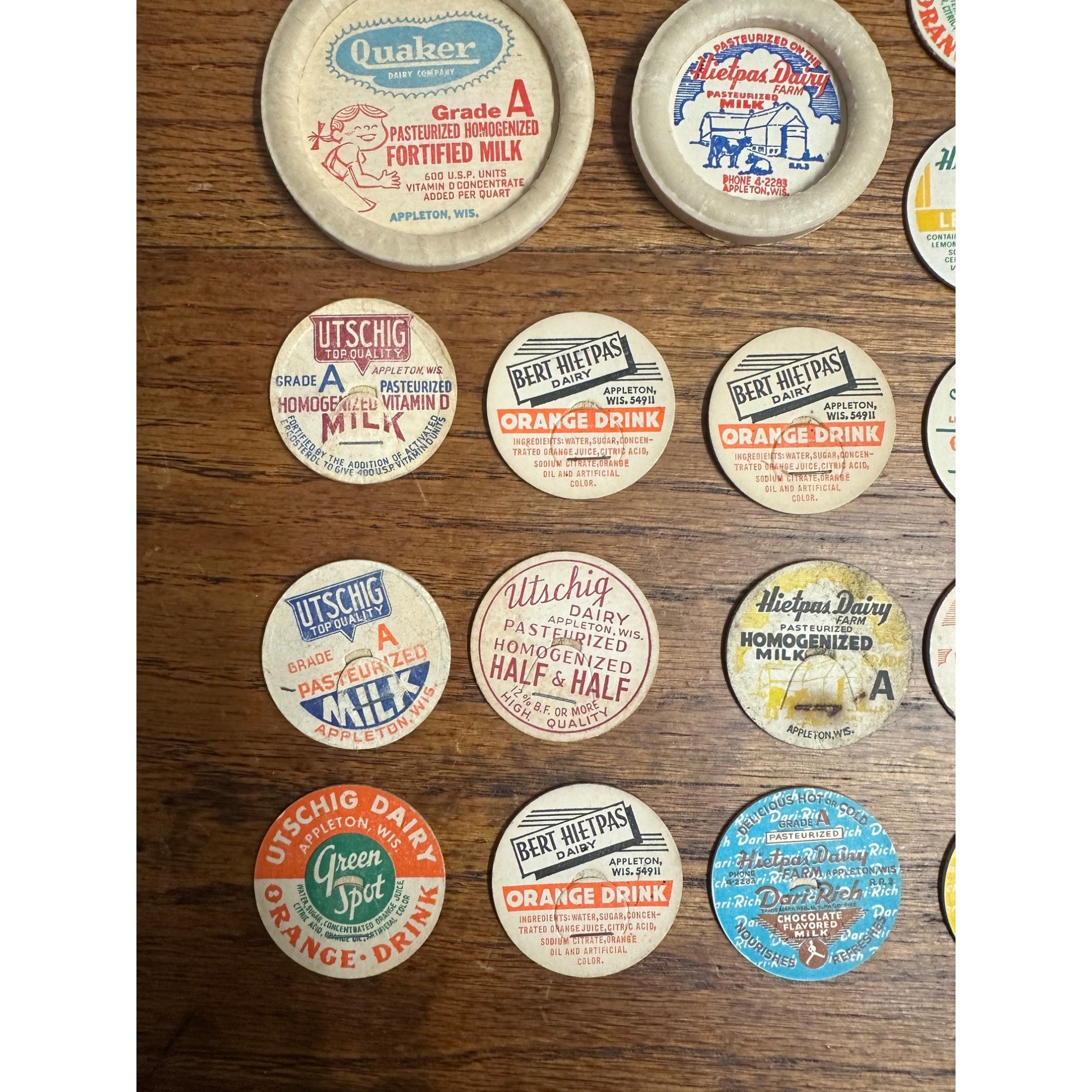 Vintage Appleton Wisconsin Collection of Milk Bottle Dairy Caps Covers